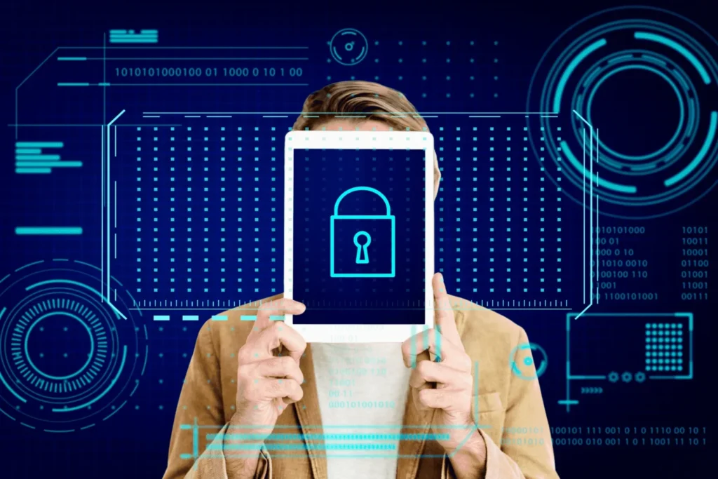Graphic showing a key and lock representing cybersecurity threat analysis, password security, and data protection.