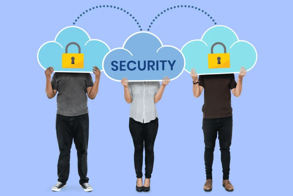 People holding a cloud and network security symbol illustrating cybersecurity threat analysis and cloud data protection.